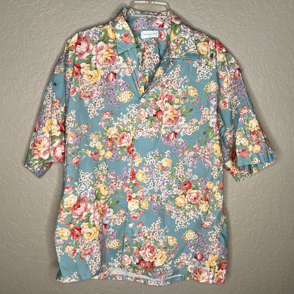 John Elliott Floral Short Sleeve Button Cotton Shirt Sz L Summer vacation beach